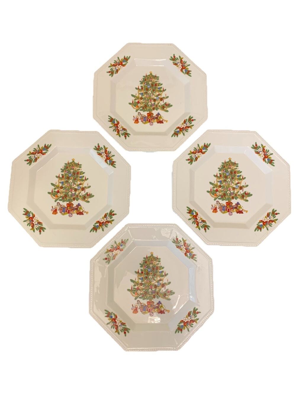 Set of 4 Fairfield Peace On Earth Dinner Plates Christmas Tree Octagonal Holiday
